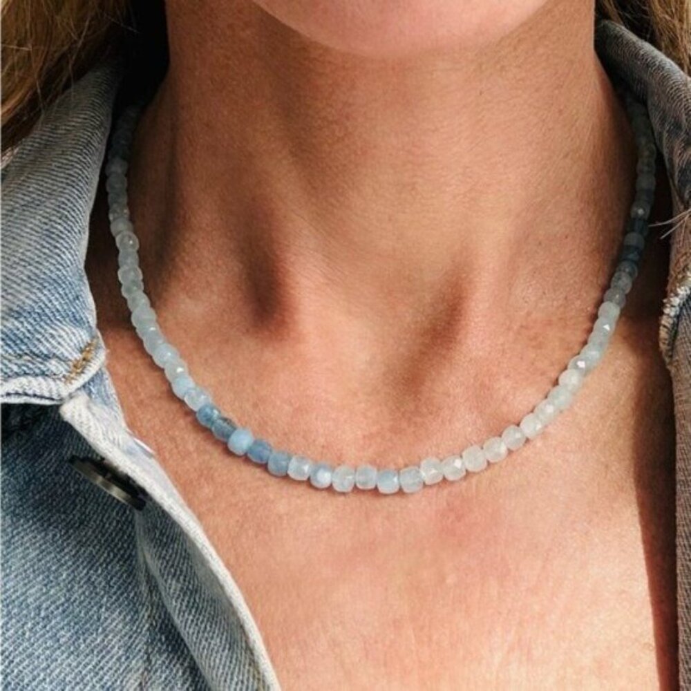 Aquamarine Beaded Necklace Ocean Blue Gemstone Jewelry Waterproof Vacation Gift - Picture 6 of 14